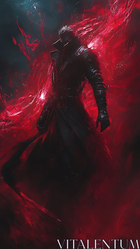 Dark-coated figure stands amid red abstract energy field