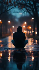 Hooded figure sits in reflective rain soaked city street.