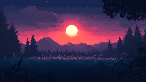 Pixel sunset illuminates tranquil mountains and forest meadow.