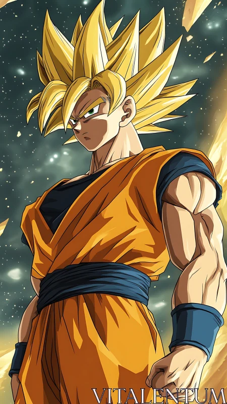 Spiky-haired anime warrior stands amid glowing cosmic debris.