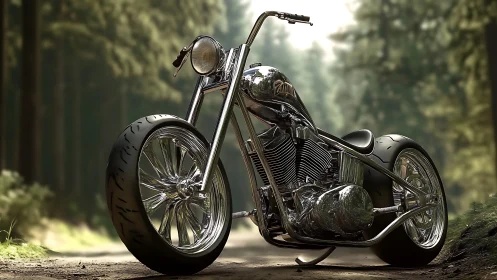 Chrome custom chopper motorcycle in sunlit forest trail.