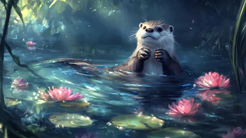 Otter daydreams in a spellbound lily pond of light.