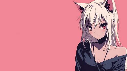Stylized anime catgirl portrait set against flat pink ground