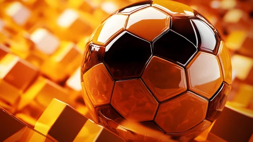 Golden glass soccer ball gleams among abstract blocks.