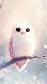 Pastel white owl on winter branch in soft diffuse light