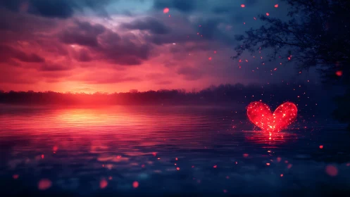 Glowing Heart Over Water at Sunset.