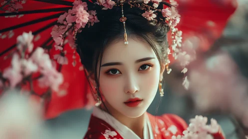 Spring blossoms and quiet grace beneath a crimson parasol.