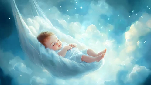 Sleeping baby cradled in glowing clouds under a dreamy sky
