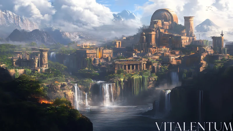 Digital rendering shows terraced citadel above segmented falls
