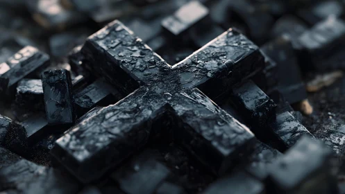 Wet Charred Wooden Cross in Close-Up, Dark Moody Photography.