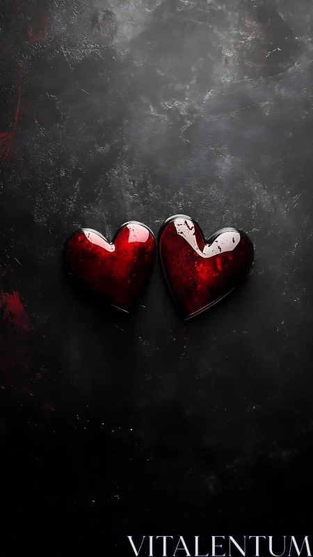 Twin Red Hearts Against Dark Grunge Texture. Power.