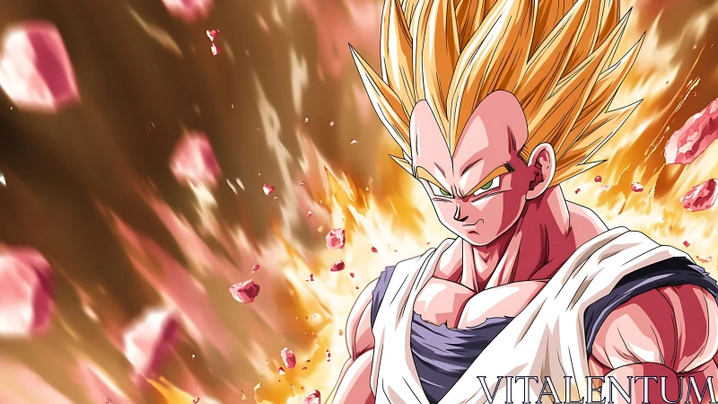 Blazing warrior stands calm within a storm of shattered light.