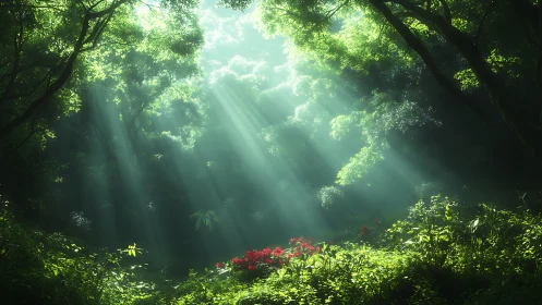 Forest Canopy with Crepuscular Rays and Red Flowers.