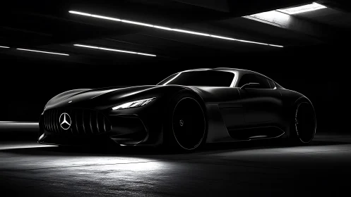 Low‑key render shows Mercedes sports car in dark garage