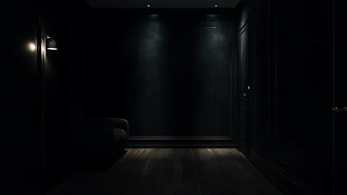 Photorealistic dark corridor with minimalist wall lighting.