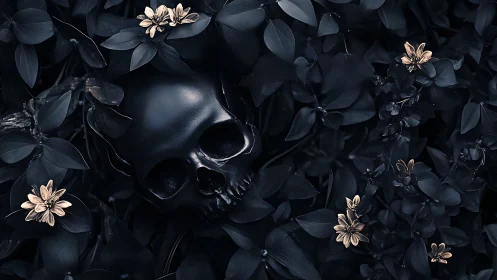 Black skull among dark foliage and pale flowers at night.
