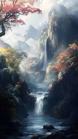Majestic tiered waterfalls through misty autumn gorge.