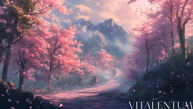 Mountain path through dense pink blossom trees at dawn.
