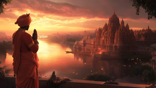 Sun-robed pilgrim greeting a flame-lit riverside temple at dusk.