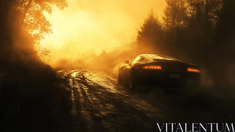 Aerodynamic coupe on wet forest road in volumetric dusk light.