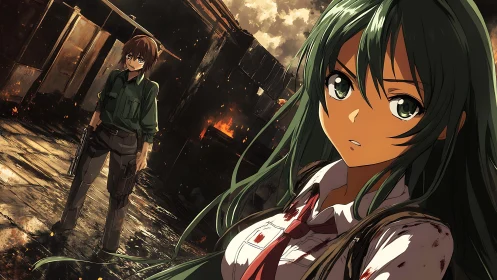 Anime survivors stand in burning urban ruin at dusk.