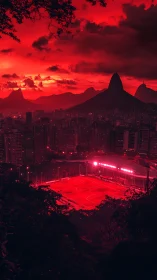 Red-illuminated urban stadium beneath silhouetted mountains at dusk