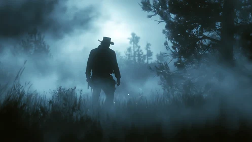 Silhouetted gunslinger in moonlit foggy conifer forest clearing