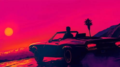 Neon sunset muscle car silhouette on coastal highway.