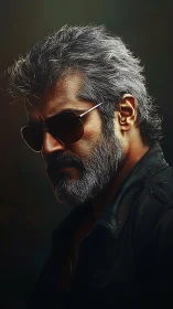 Weathered cool: silver-haired rebel in shadowed glow.