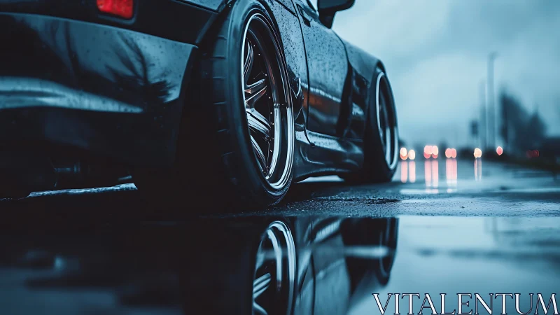 Midnight street car resting by rainy city reflections.