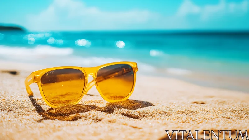 Golden sunglasses rest on sunlit sand by a turquoise sea