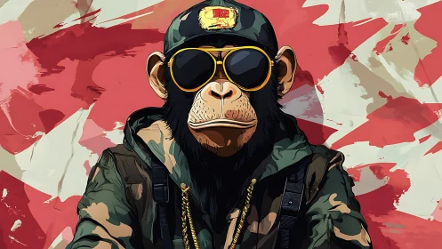 Anthropomorphic chimpanzee in camouflage with abstract backdrop.