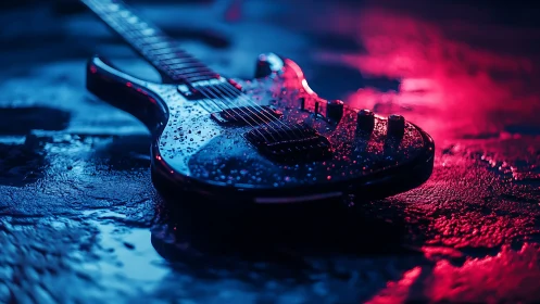 Electric guitar with neon bokeh lighting on wet reflective stage.