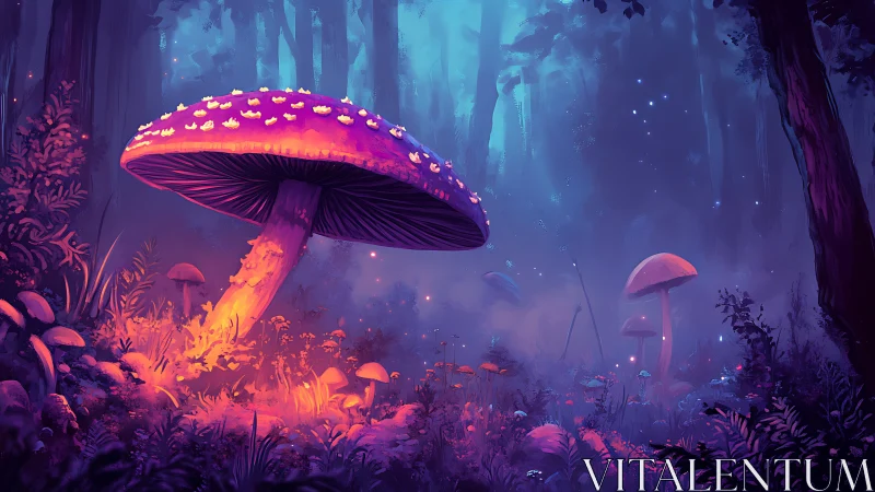 Luminescent forest mushroom under bioluminescent twilight palette.