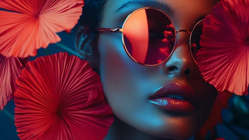 Bold sunglasses and red petals in dreamy neon glow.