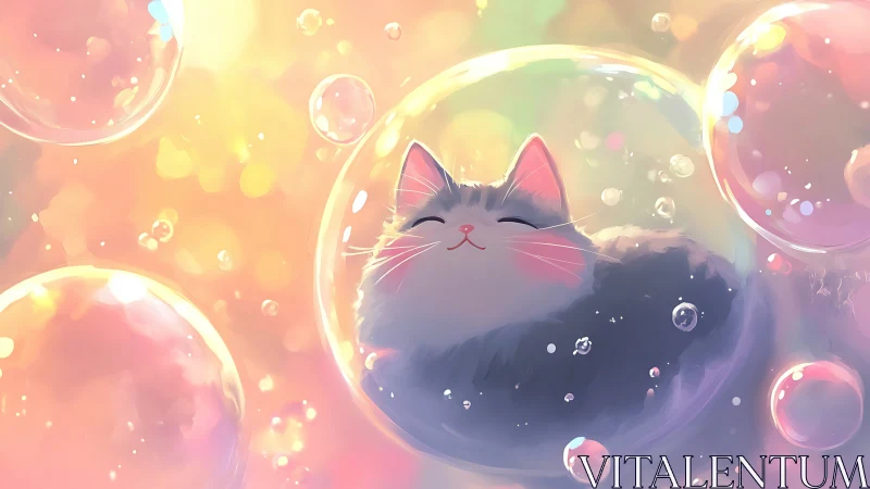 A Dreamy Cat Floats Peacefully Among Glowing Bubbles.