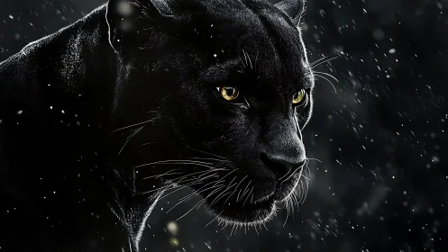 Black Panther Portrait in Snowfall: High-Contrast Nocturnal Study.