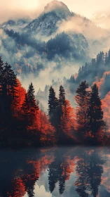 Mountain lake reflects dense misty forest with red foliage