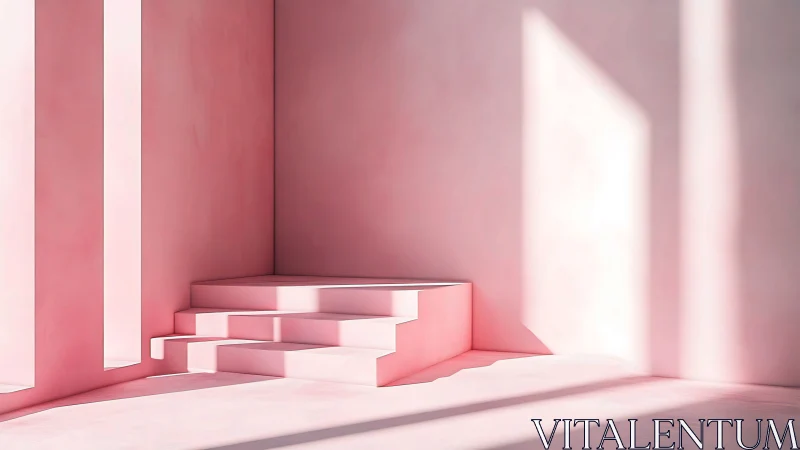 Minimal pink staircase glows in soft geometric sunlight.