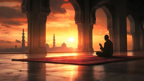 Quiet sunset prayer in a glowing courtyard sanctuary.