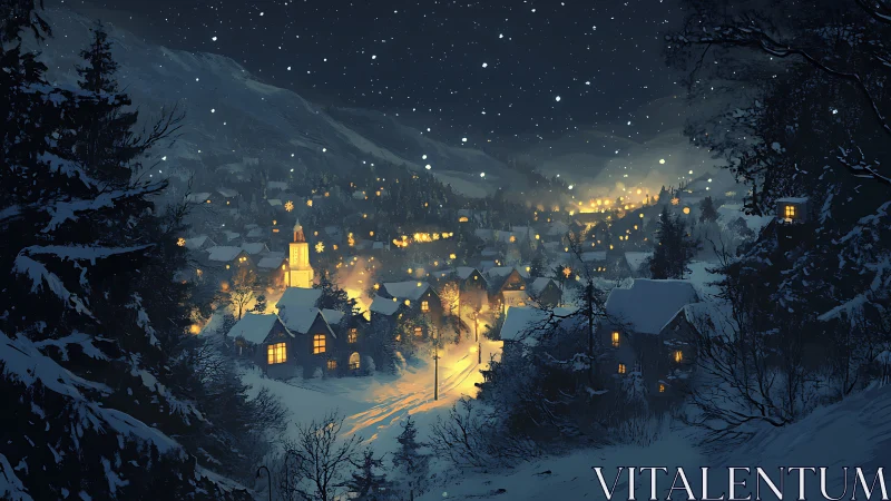 Snowlit village glows under star-dusted winter midnight sky.