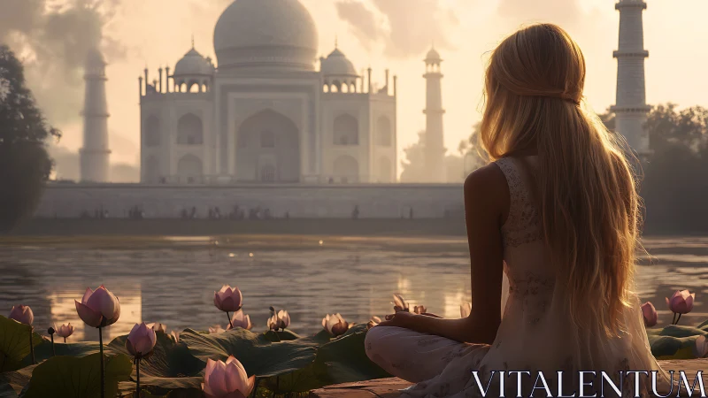 Golden hour meditation beside domed marble monument.