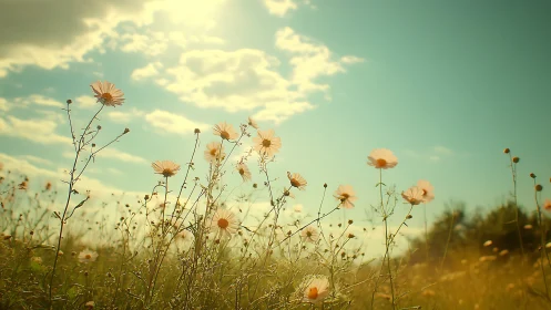 Wildflower meadow glows under golden backlit summer sun.