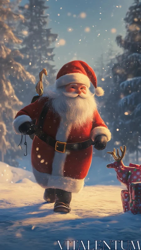 Santa Claus walks through snowy forest carrying sack