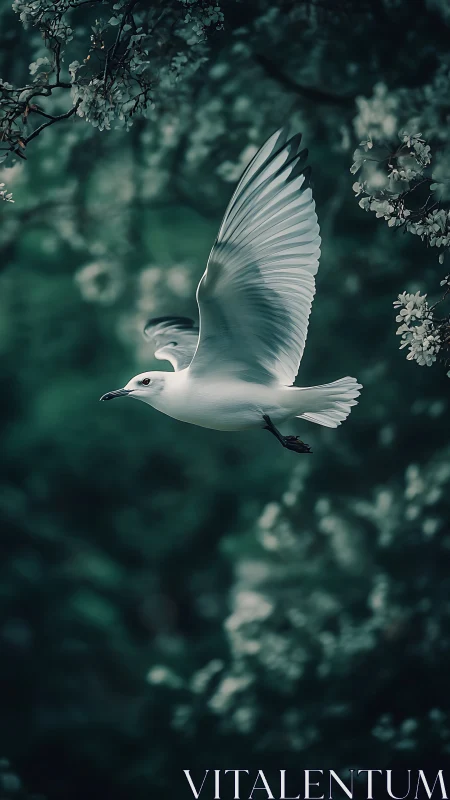 White Seabird in Flight with Feather Detail Against Teal Foliage.