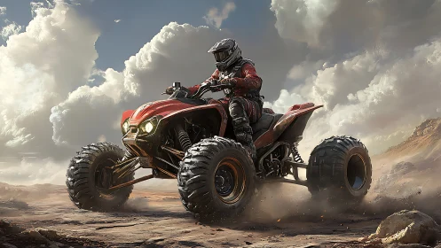 Quad bike storms the dust while storm clouds watch above