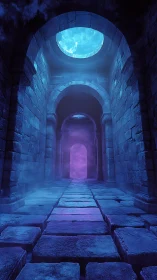 Stone corridor extends toward circular skylight and portal