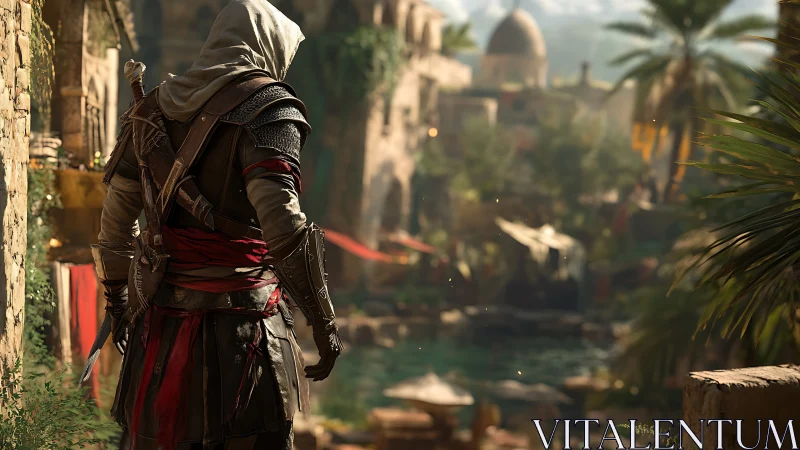 Hooded assassin observes sunlit Middle Eastern city in shallow depth