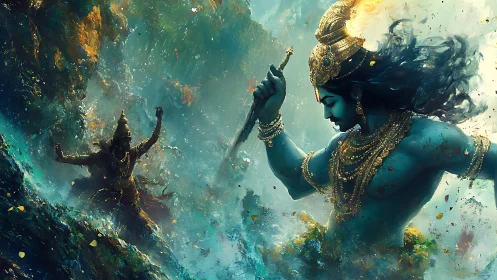 Mythic blue warrior deity in swirling oceanic battle scene.