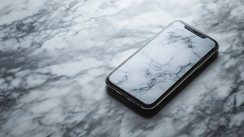Minimalist smartphone on reflective marble surface close-up.